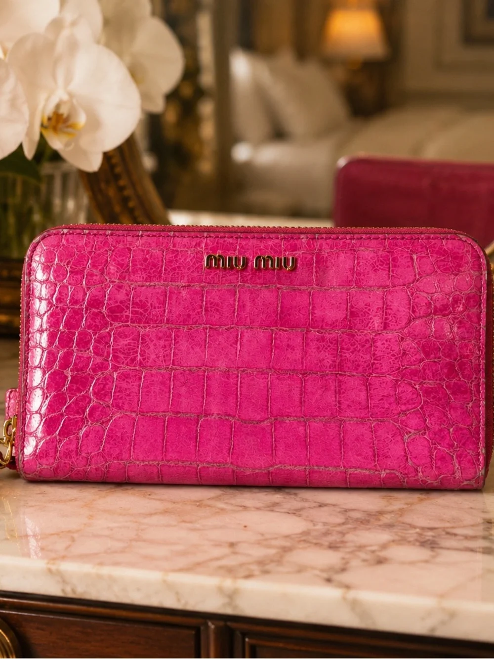 Miu Miu Croc-Embossed Zip Leather Continental Wallet in Fuchsia Pink